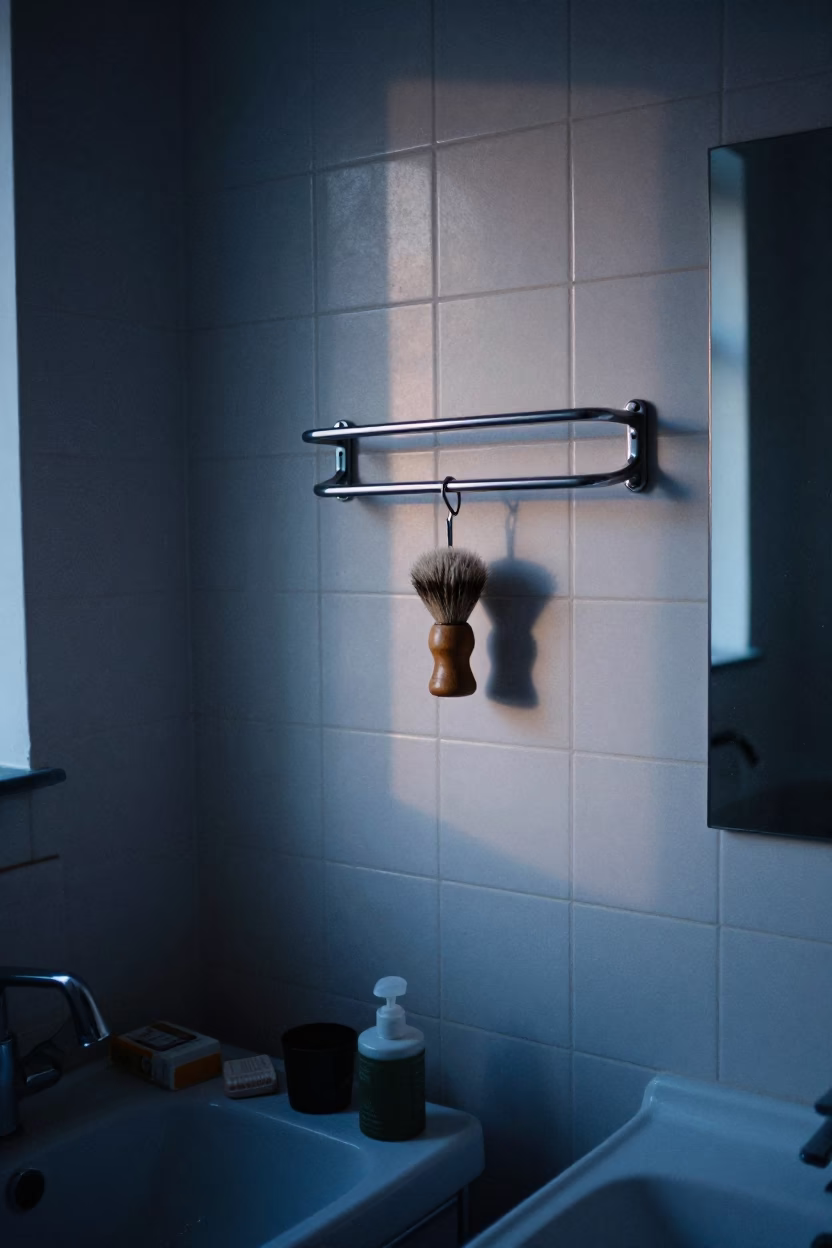 Vintage Berlin Apartment Interior Before Dawn with Shaving Brush and Aloe Vera Plant in in Berlin, Germany