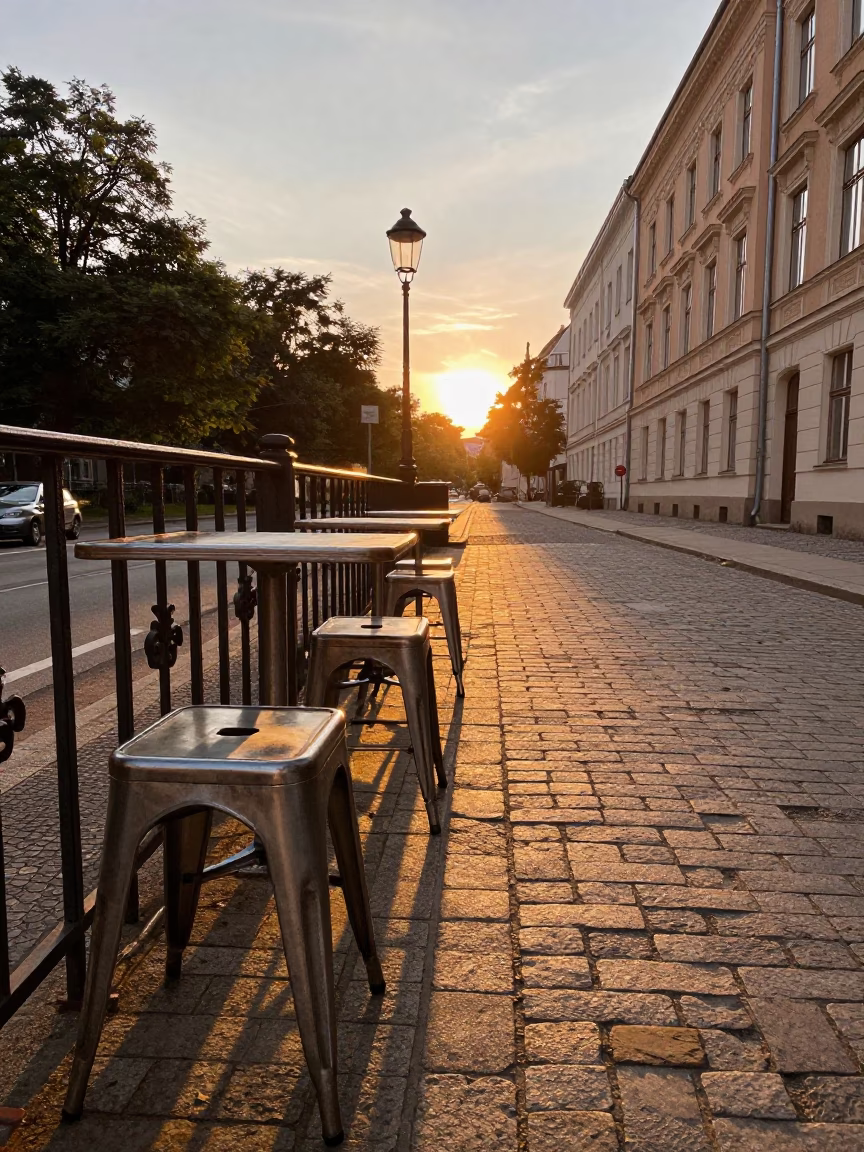 Vintage Berlin Cafe Sunset Scene with Metal Stools and Terracotta Bowls in in Berlin, Germany