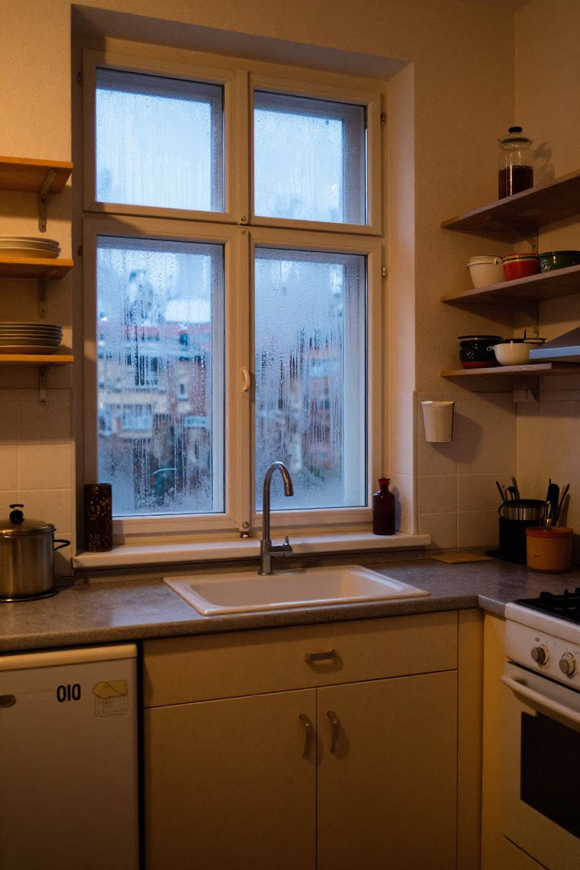 Vintage Berlin Kitchen Interior with Condensation and Shelves in Early Evening in in Berlin, Germany