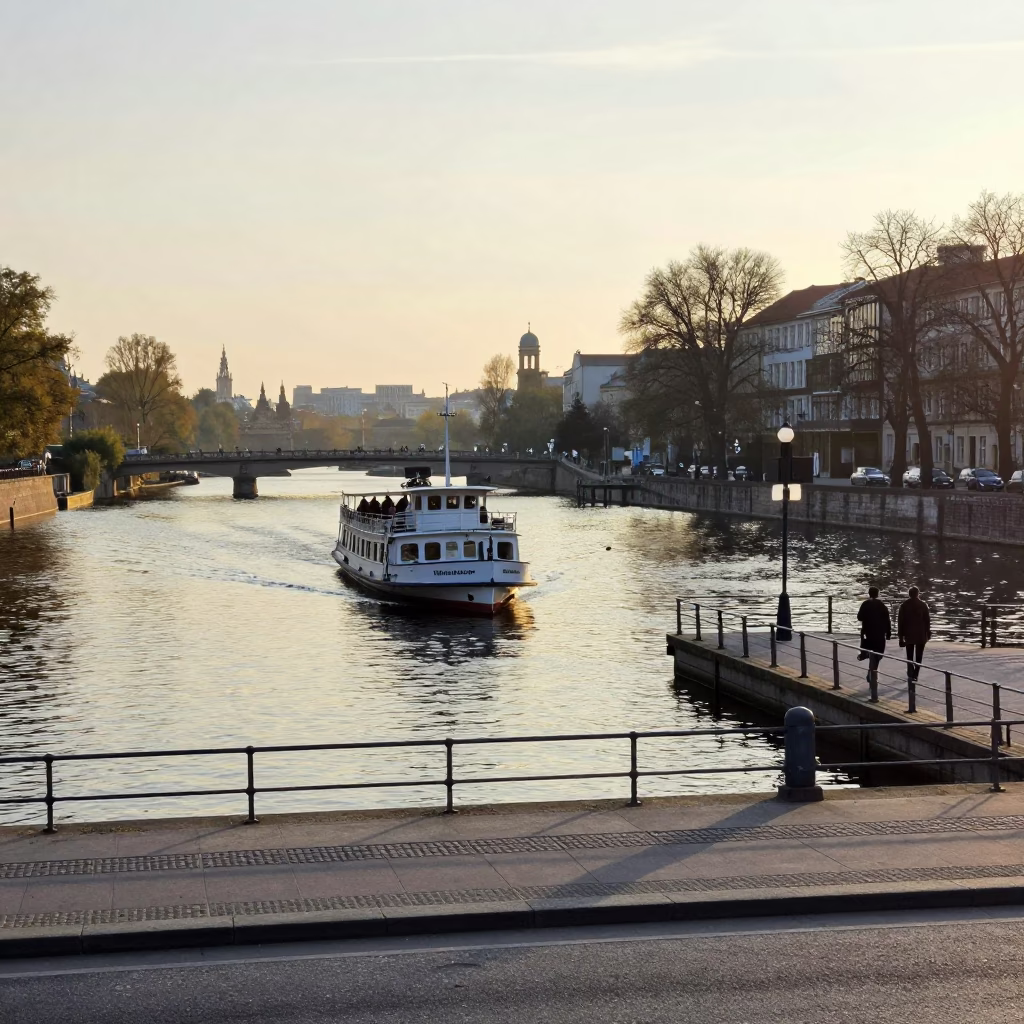 Vintage Berlin Street Scene After Sunrise with Mail Boat and Urban Life in in Berlin, Germany
