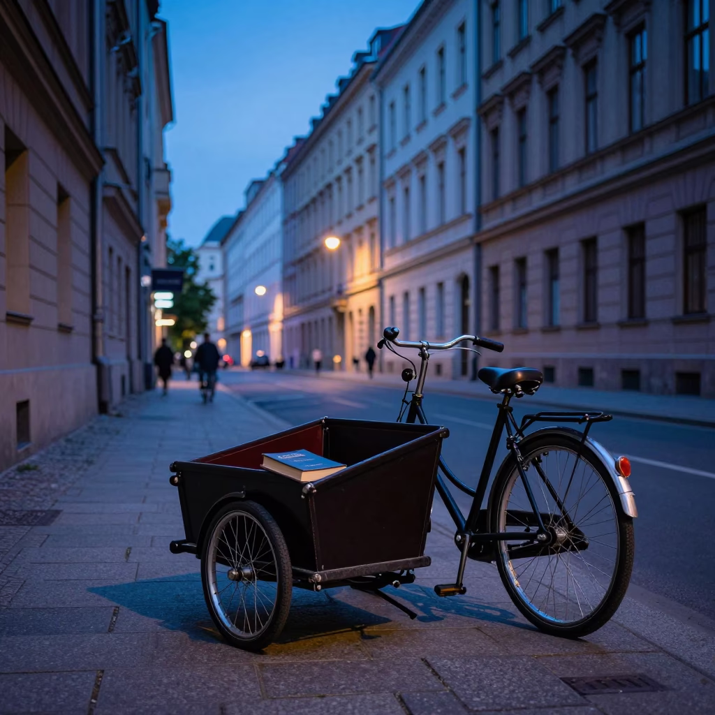 Vintage Berlin Street Scene at Blue Hour with Cargo Bicycle and Book Light in in Berlin, Germany