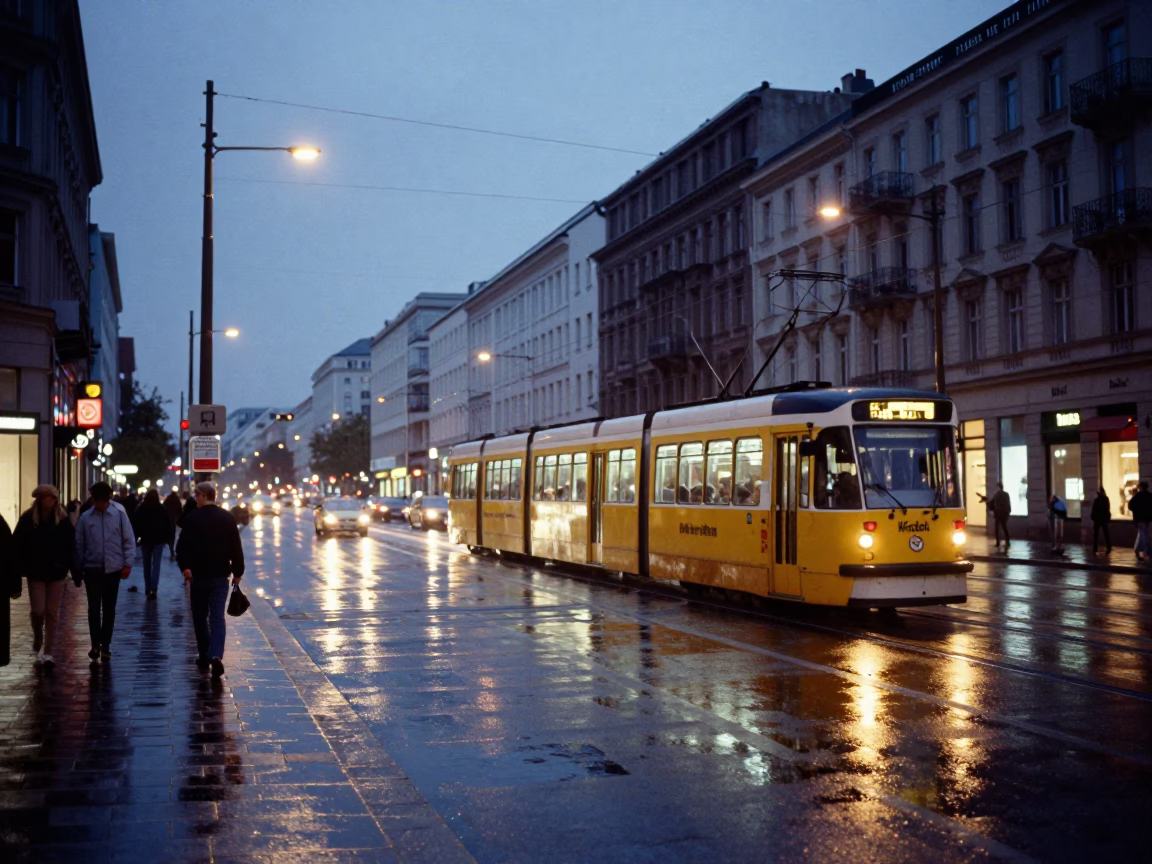 Vintage Berlin Street Scene at Dusk with Tram and City Lights in in Berlin, Germany