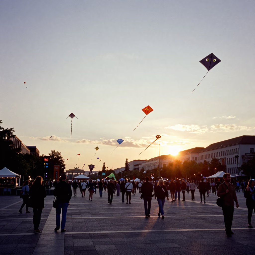 Vintage Berlin Street Scene at Sunset with Kite Festival and Urban Details in in Berlin, Germany