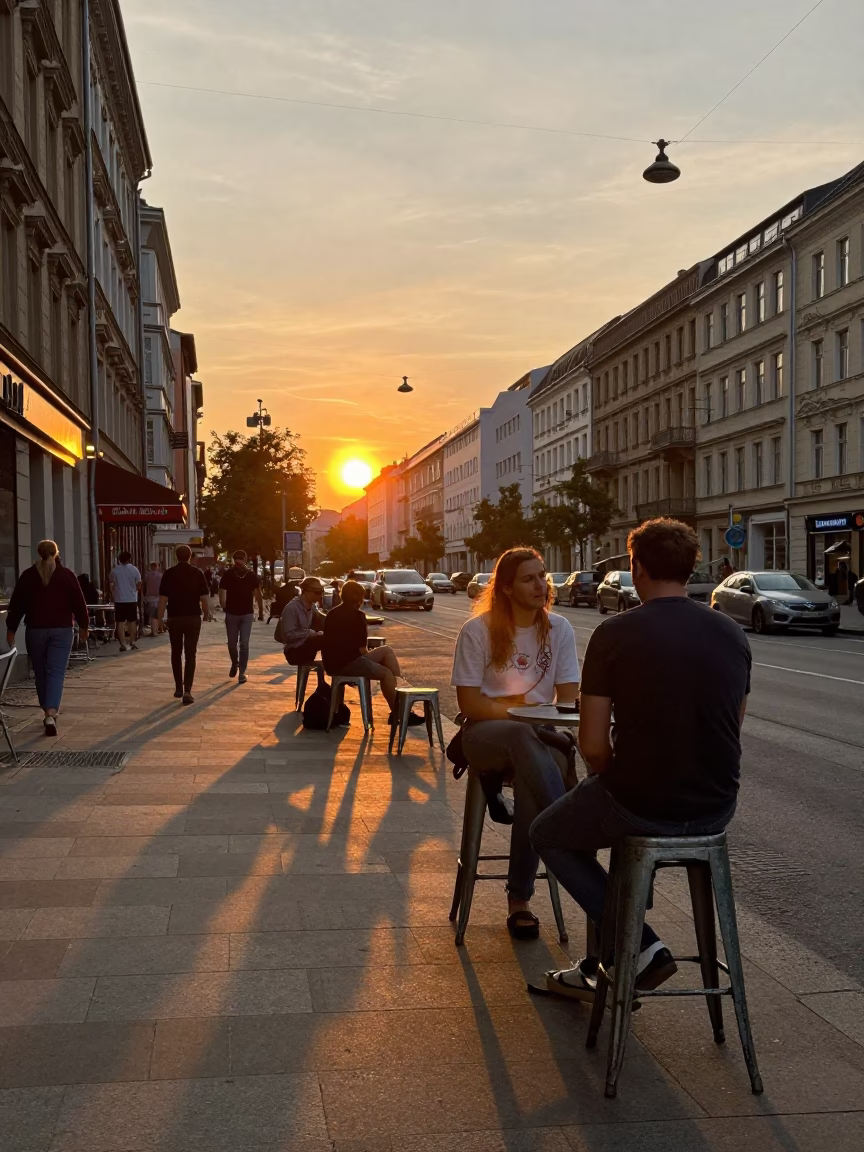 Vintage Berlin Street Scene at Sunset with Metal Stools and Local Interaction in in Berlin, Germany