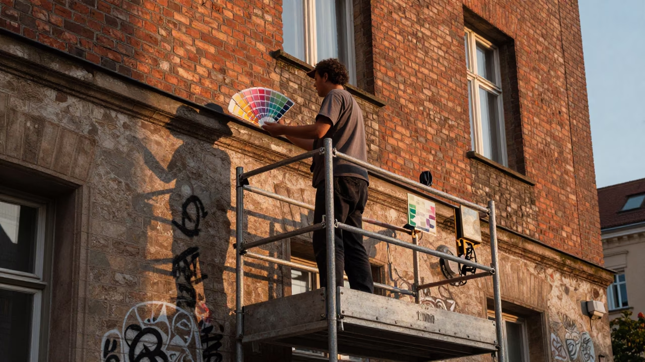 Vintage Berlin Street Scene at Sunset with Muralist Sample Swatches on Scaffold in in Berlin, Germany