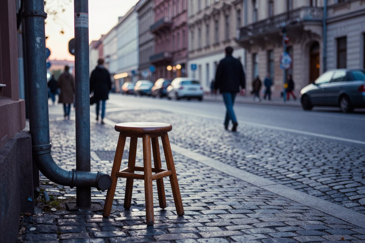 Vintage Berlin Street Scene Before Sunrise with Stool and Pipeline Sign in in Berlin, Germany