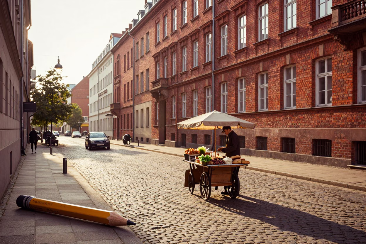 Vintage Berlin Street Scene Just After Sunrise with Mechanical Pencil and Bread Knife in in Berlin, Germany