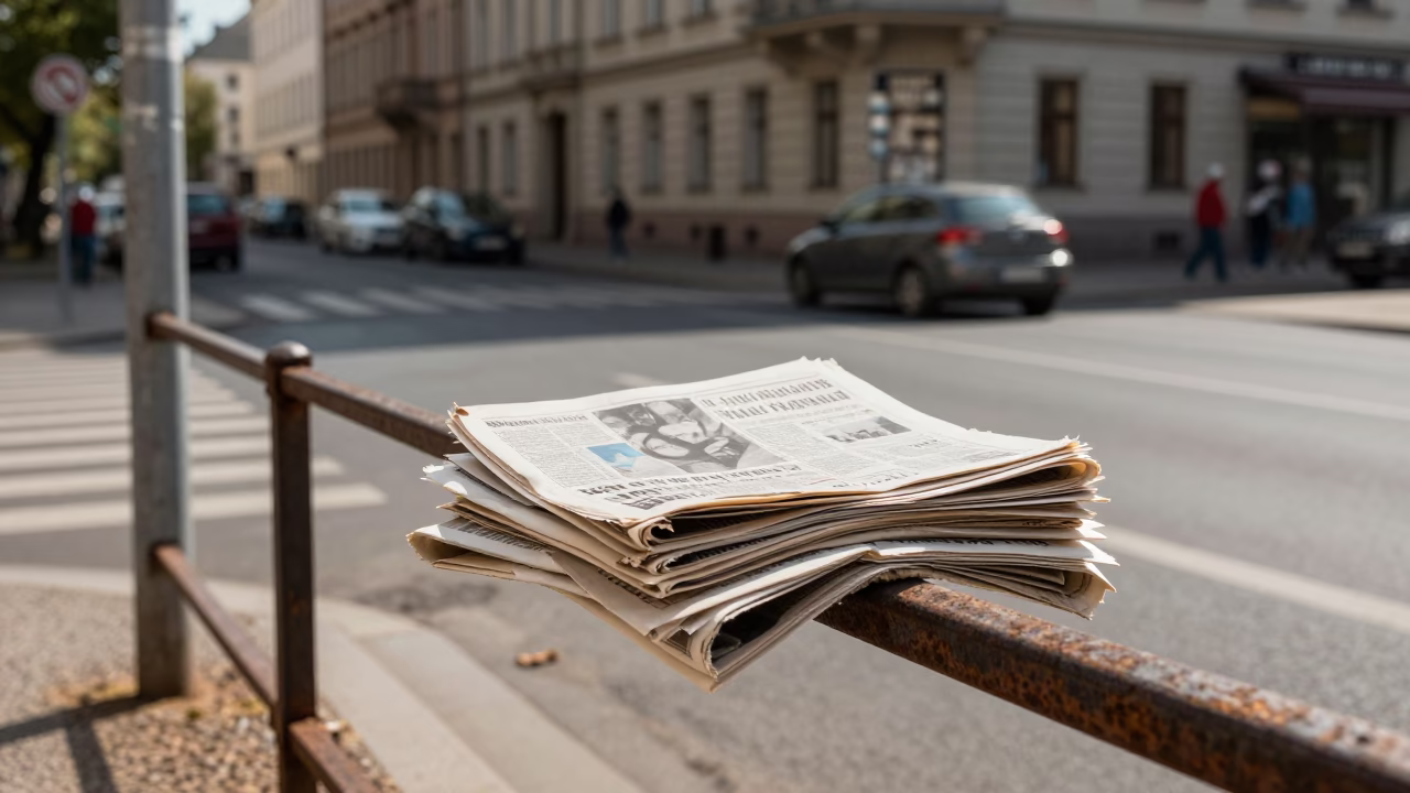 Vintage Berlin Street Scene Under Flat Noon Light with Newspaper Stack and Scrub Brush in in Berlin, Germany