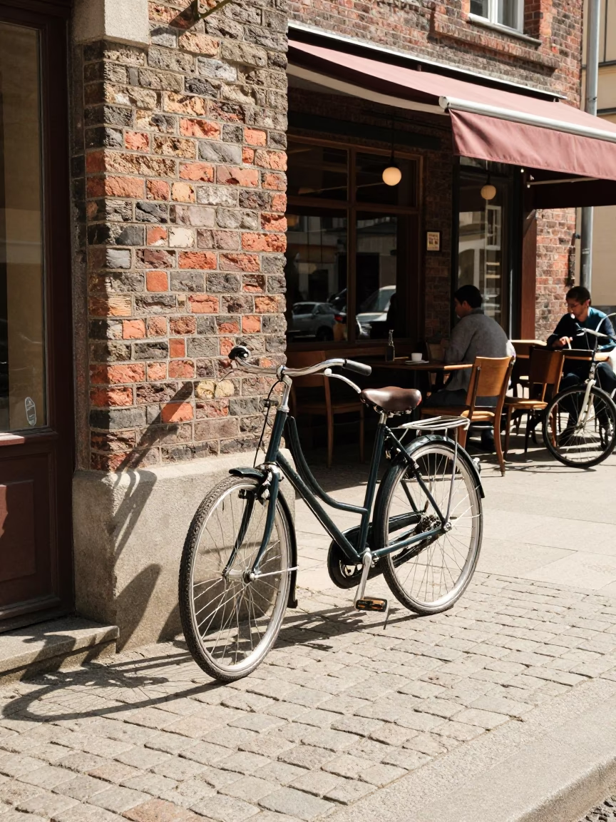 Vintage Berlin Street Scene with Bicycle and Cafe in 1960s Midday Light in in Berlin, Germany
