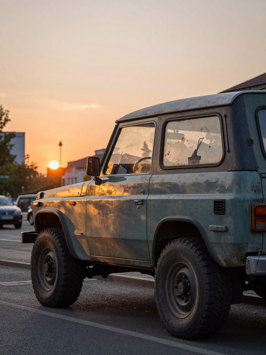 Vintage Berlin Street Scene with Old Car and Local Life at Sunset in in Berlin, Germany
