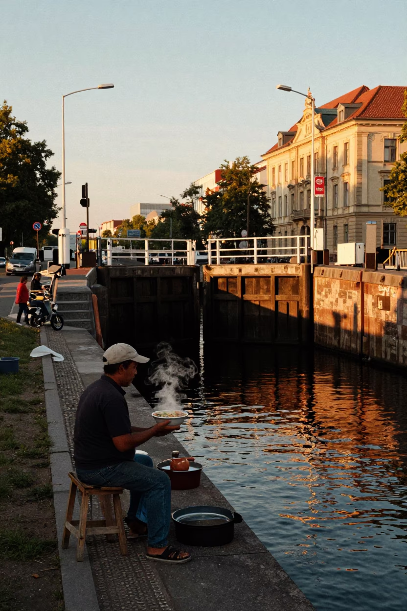 Vintage Berlin Sunset Street Scene with Canal Lock and Local Interaction in in Berlin, Germany