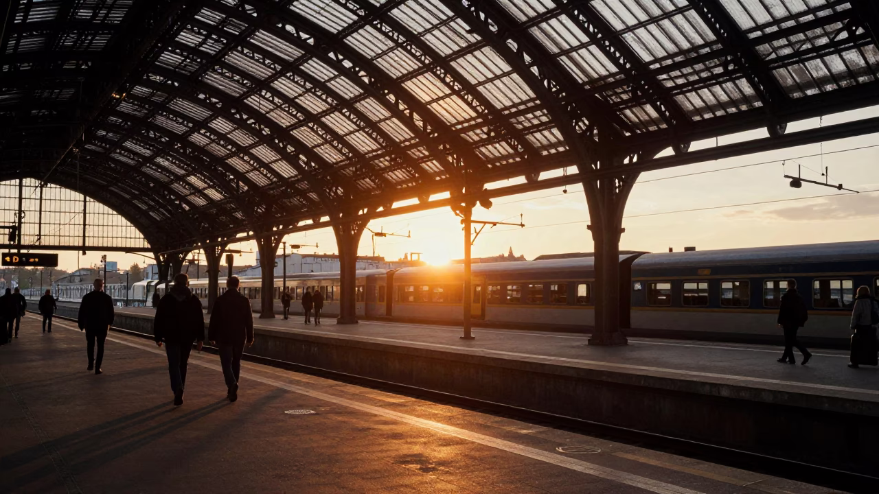 Vintage Berlin Sunset View from Glass Steel Train Station Arched Roof in in Berlin, Germany