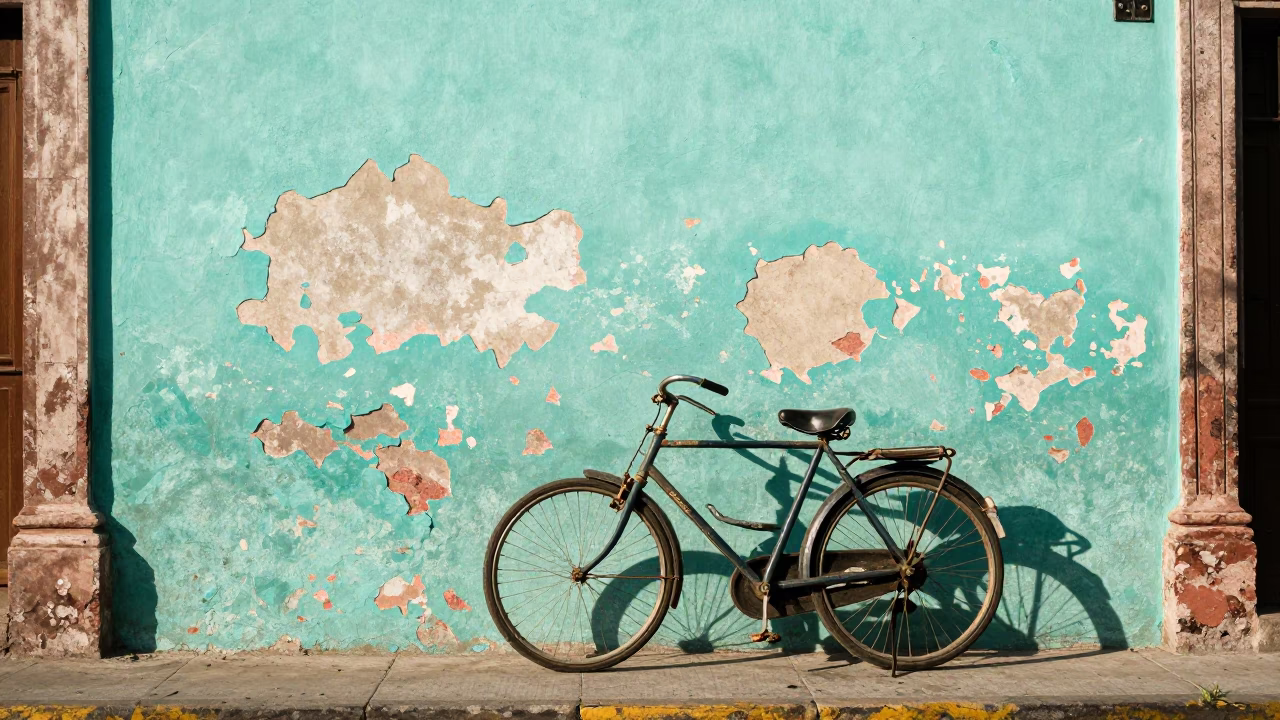 Vintage Bicycle Against Peeling Turquoise Wall in Mexico City Early Afternoon in in Mexico City, Mexico
