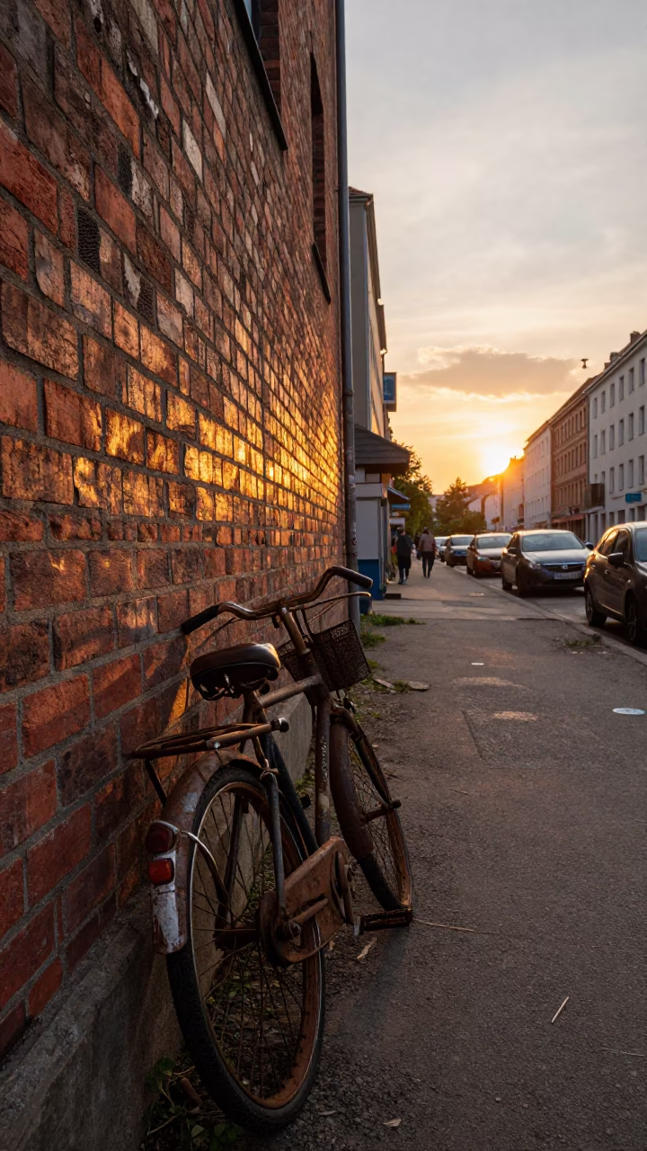 Vintage Bicycle Against Wall in Berlin Germany at Sunset with Busy Street Scene in in Berlin, Germany