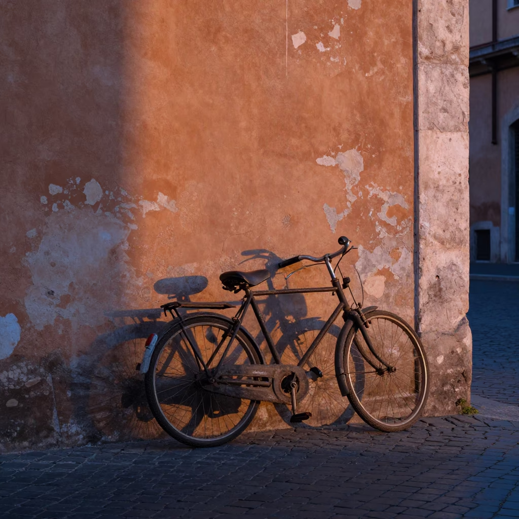 Vintage Bicycle Against Wall in Rome Italy Dawn Light in in Rome, Italy