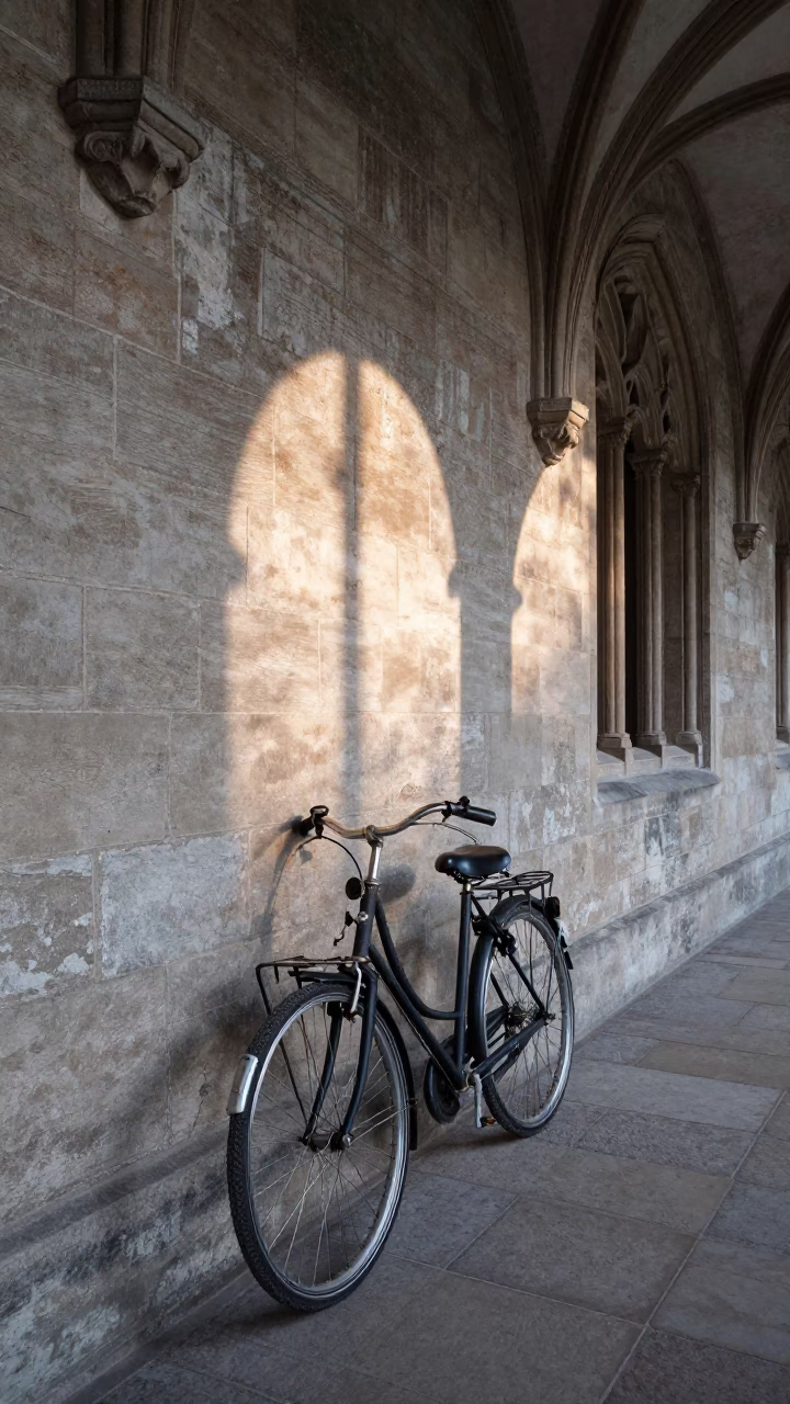 Vintage Bicycle Against Weathered Wall in Brussels Cloister Walkway at Dawn in in Brussels, Belgium