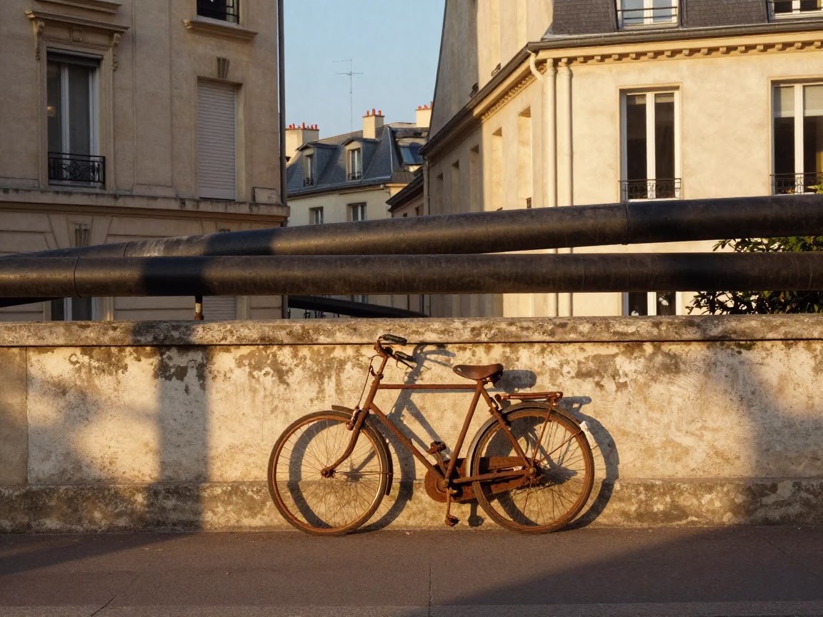 Vintage Bicycle and District Heating Pipes in Sunset Paris Street Scene in in Paris, France