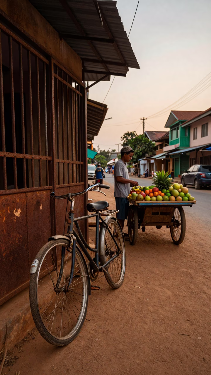 Vintage Bicycle and Street Scene at Sunset in Phnom Penh Cambodia in in Phnom Penh, Cambodia
