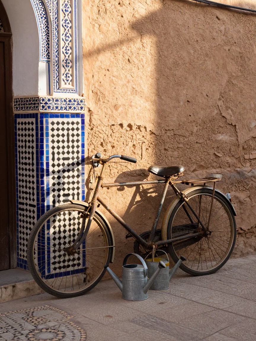 Vintage Bicycle and Watering Cans in Fez Morocco Morning Light in in Fez, Morocco