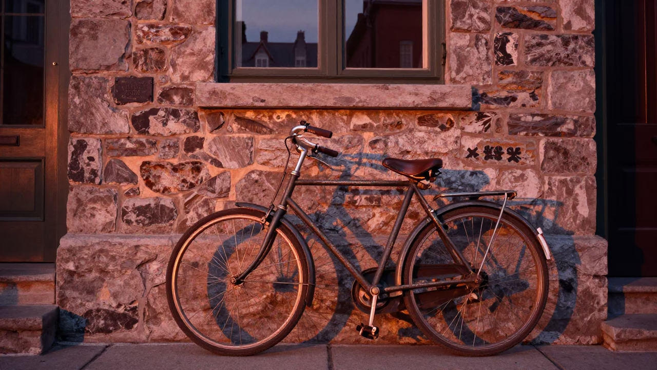 Vintage Bicycle at Copper-toned Light Before Dusk in Quebec City in in Quebec City, Quebec, Canada