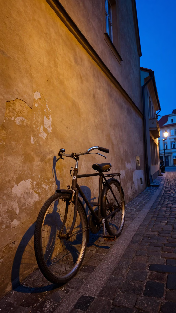 Vintage Bicycle at The Last Blue Light Of Evening in Prague in in Prague, Czech Republic