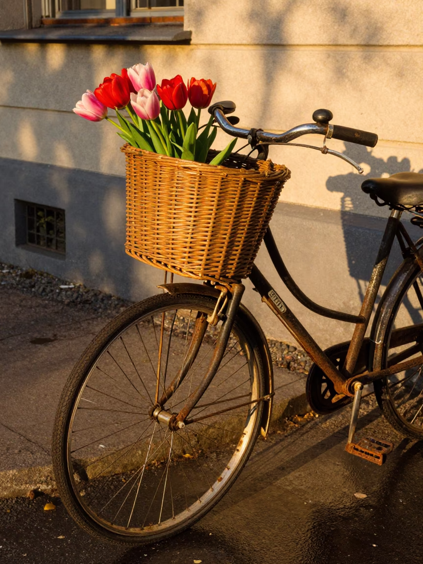 Vintage bicycle basket and tulips at a Berlin flower market at sunset in in Berlin, Germany