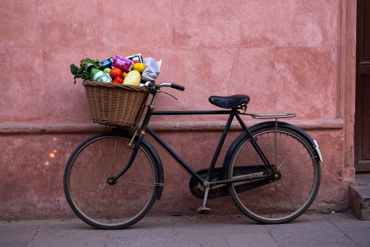 Vintage Bicycle Basket Filled with Goods on Jaipur Street at Dusk in in Jaipur, India