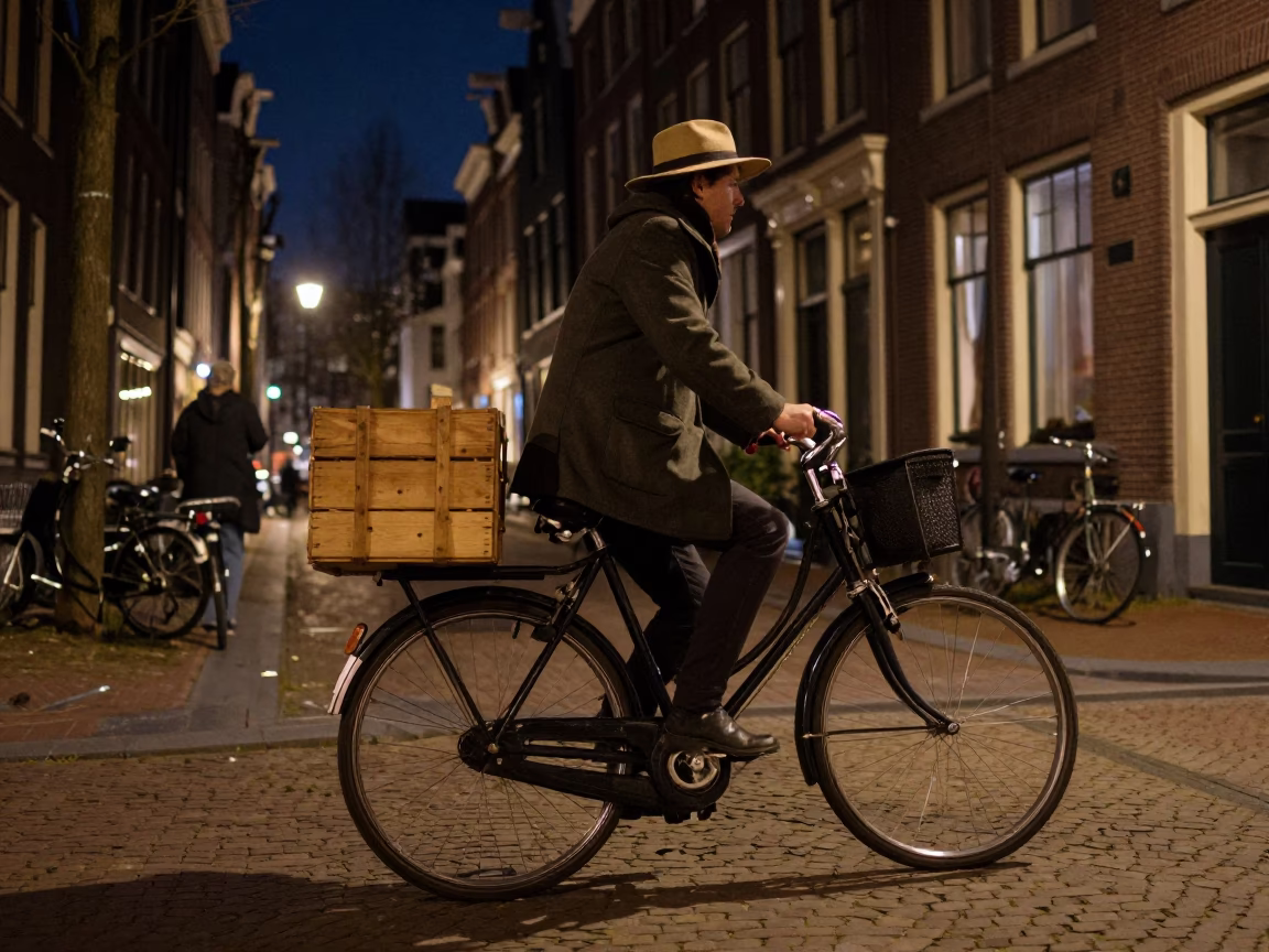 Vintage Bicycle Delivery in Amsterdam at Night with Cobblestones and Canal Lights in in Amsterdam, Netherlands