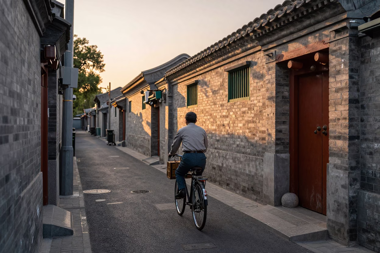 Vintage Bicycle Delivery on Beijing Hutong Alley at Sunset with Tiffin Tin in in Beijing, China