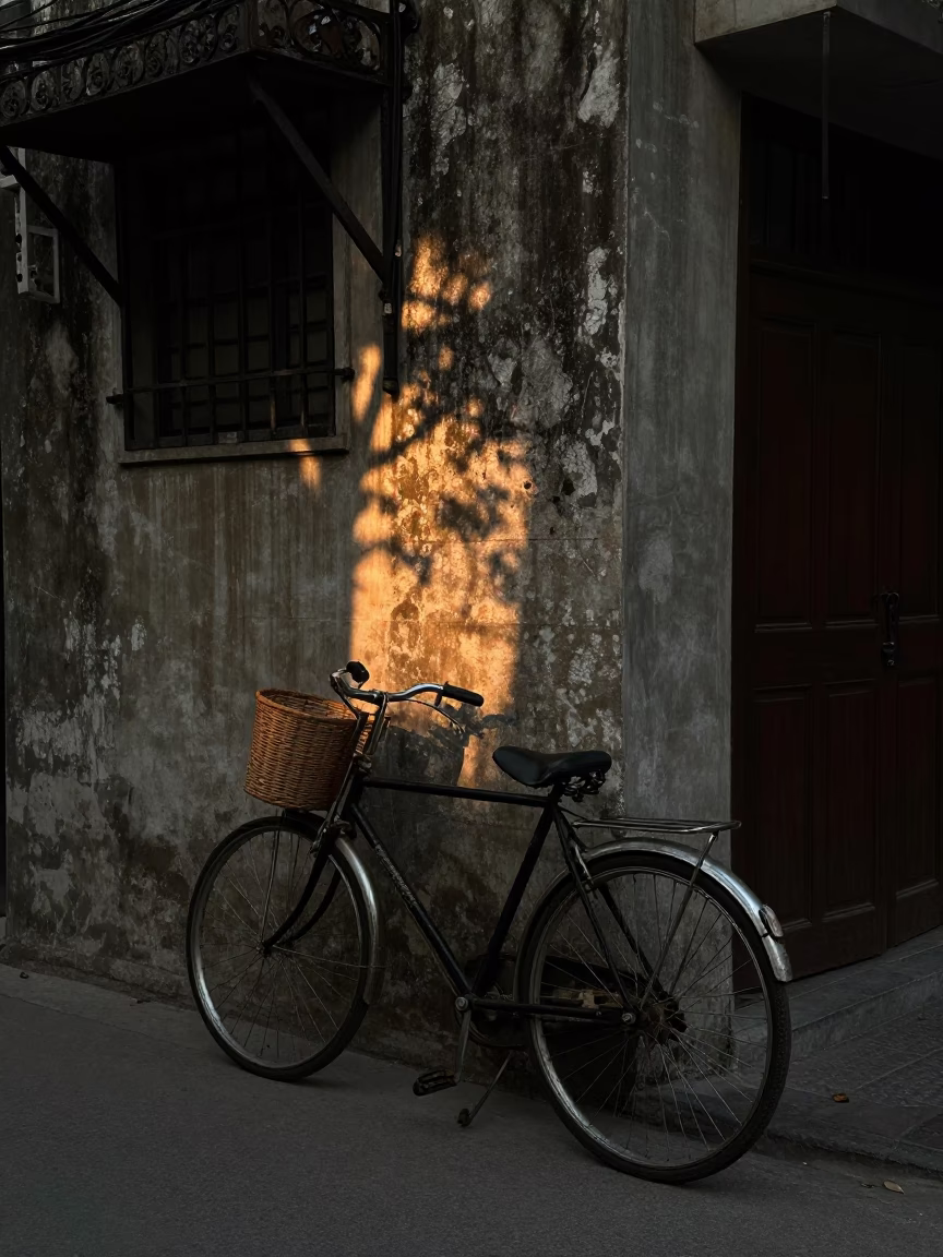 Vintage Bicycle in Hanoi at The Predawn Darkness Light in in Hanoi, Vietnam