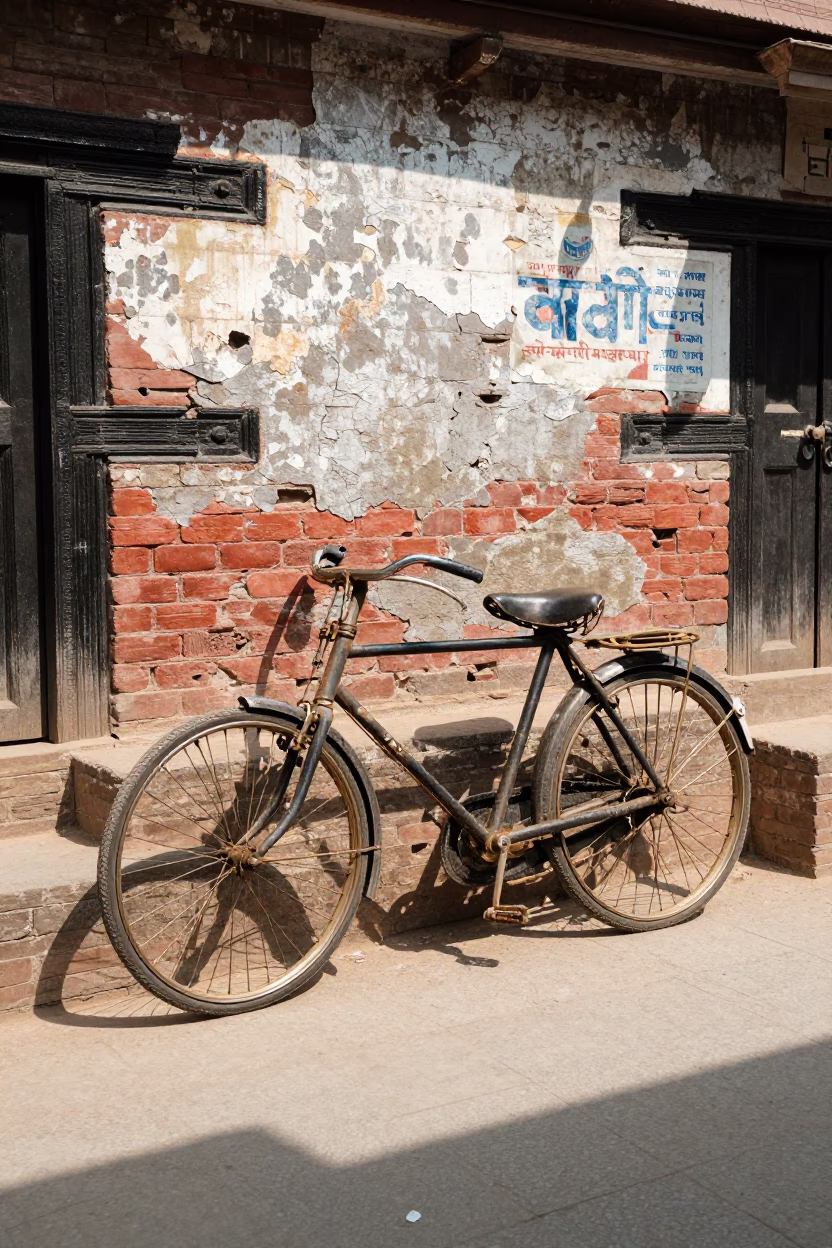 Vintage Bicycle in Kathmandu at Bright Midmorning Light in in Kathmandu, Nepal
