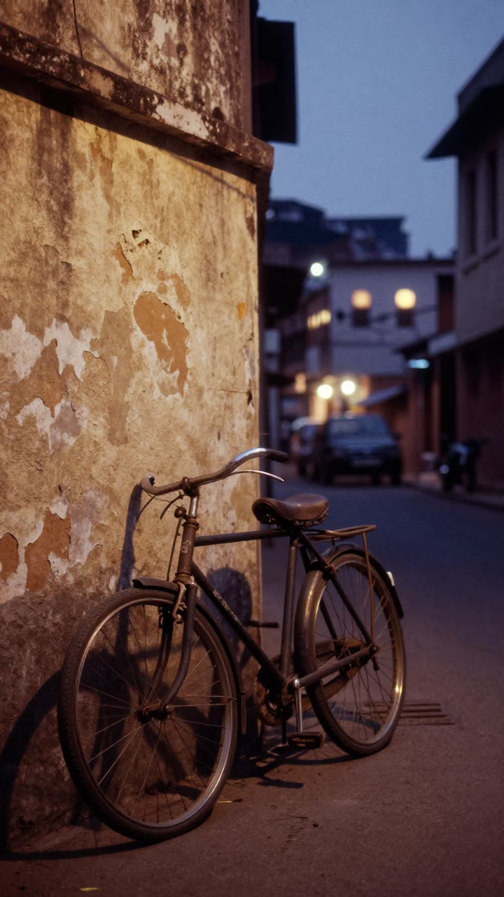 Vintage Bicycle in Kochi at As City Lights Begin To Glow in in Kochi, India
