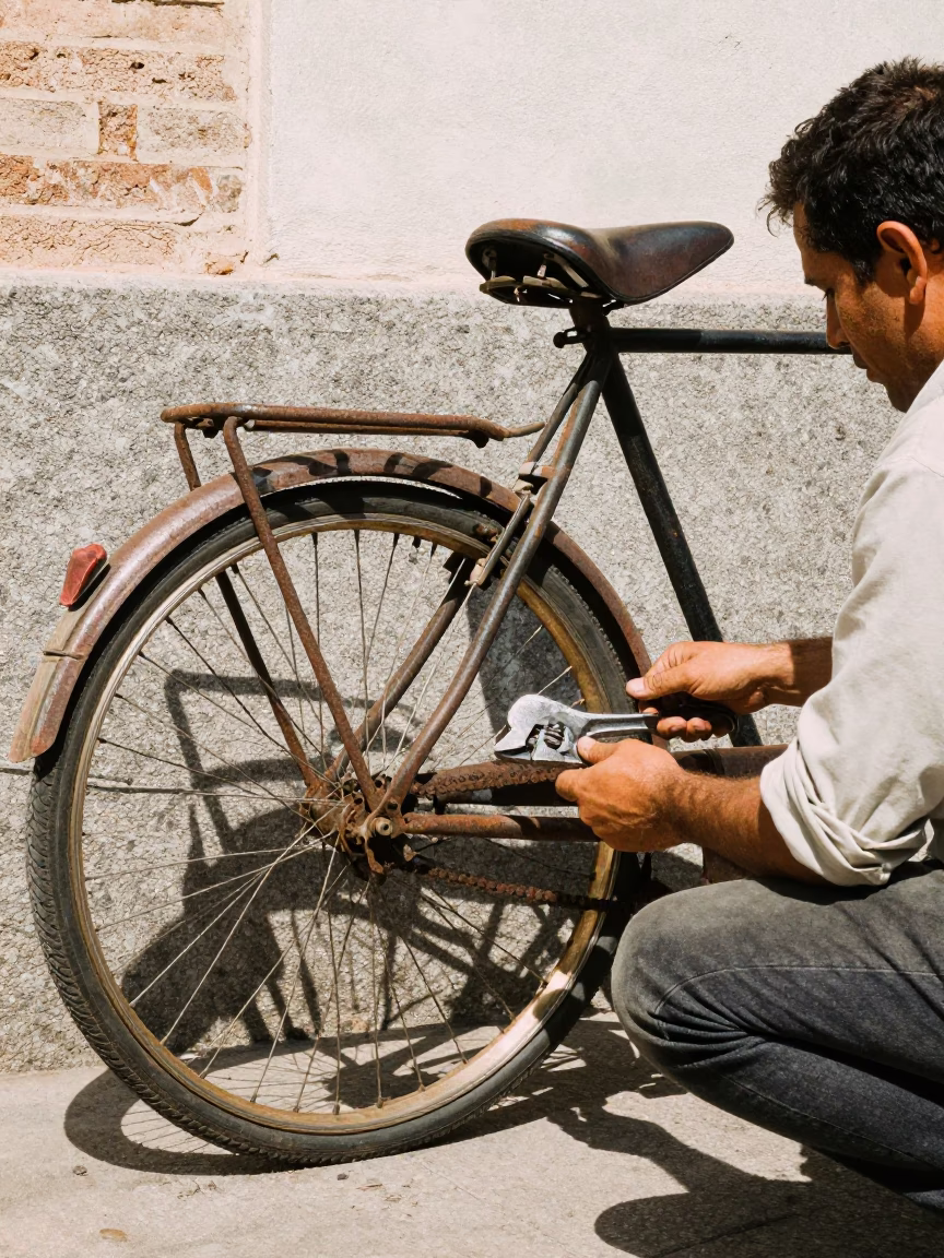 Vintage Bicycle in Madrid at The Flat Glare Of Noon Light in in Madrid, Spain
