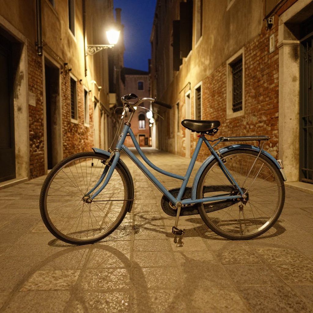 Vintage Bicycle in Venice at Late At Night Light in in Venice, Italy