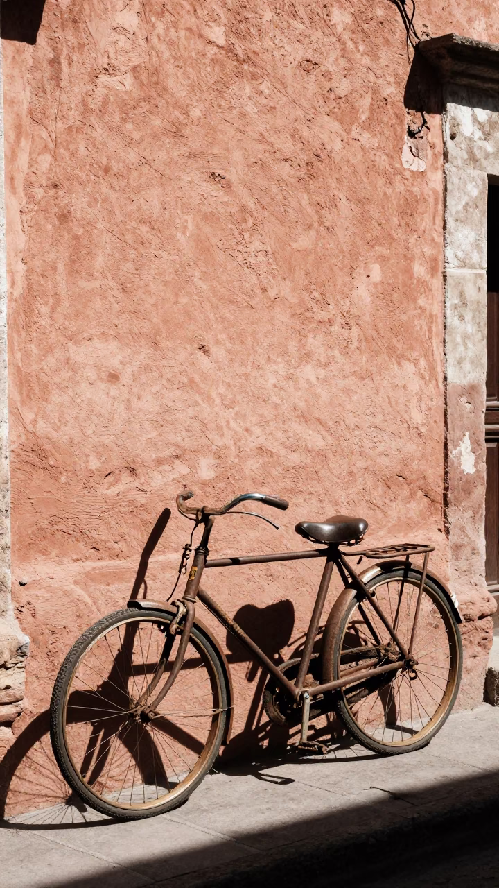 Vintage Bicycle Leaning Against Adobe Wall in Oaxaca Mexico Under Noon Sun in in Oaxaca, Mexico