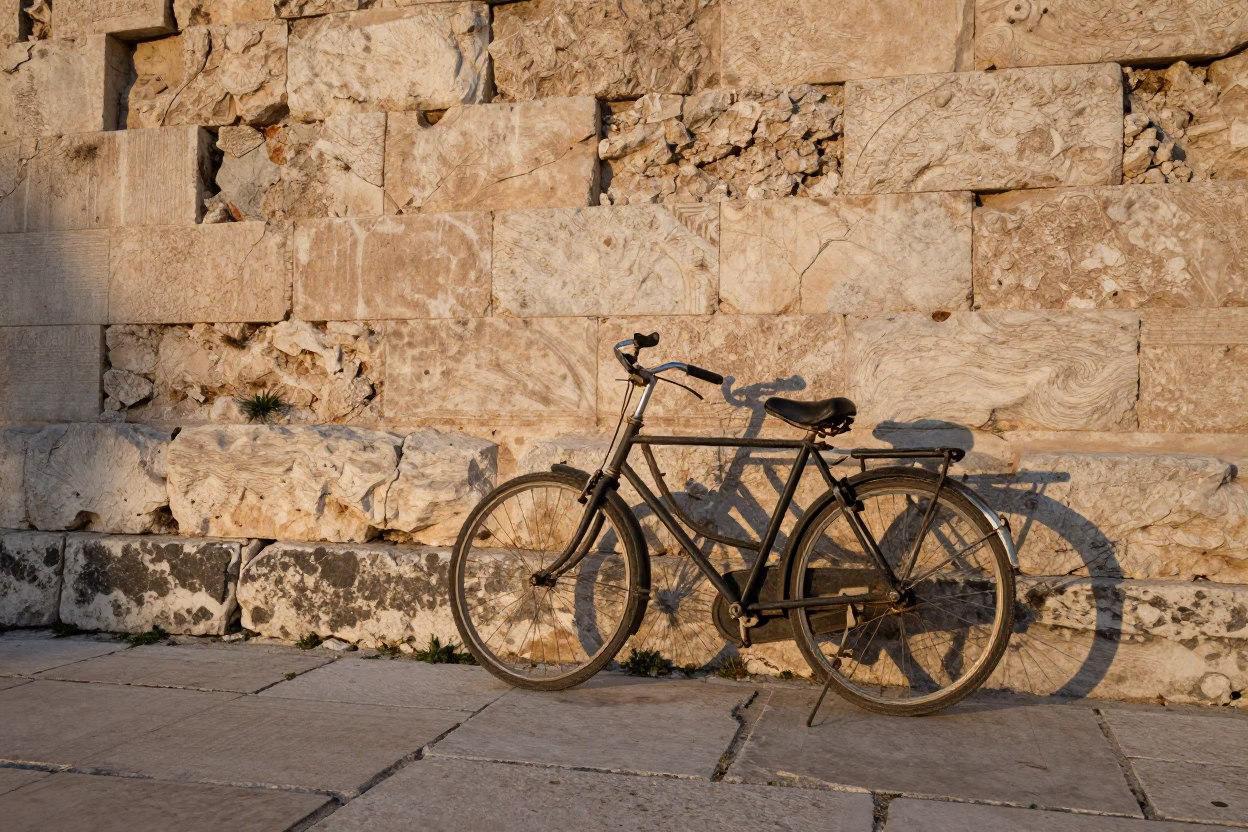 Vintage Bicycle Leaning Against Ancient Stone Wall in Athens Greece at Dawn in in Athens, Greece
