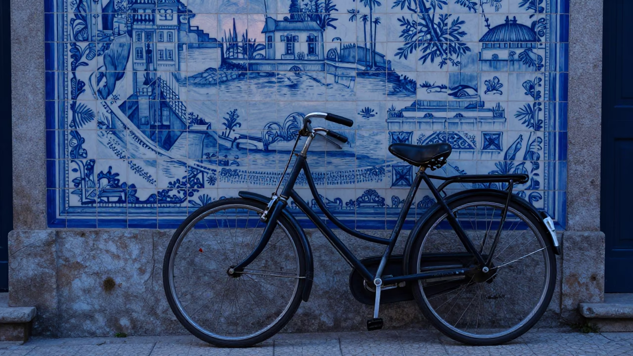 Vintage Bicycle Leaning Against Azulejo Wall in Porto Portugal Indigo Twilight in in Porto, Portugal