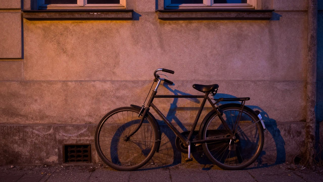 Vintage Bicycle Leaning Against Berlin Wall Mural in Predawn Darkness in in Berlin, Germany