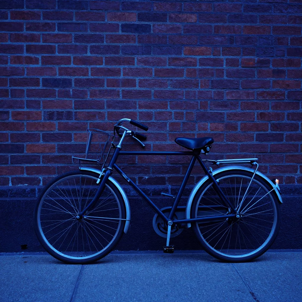 Vintage Bicycle Leaning Against Brick Wall in Boston Massachusetts Evening Blue Light in in Boston, Massachusetts, United States