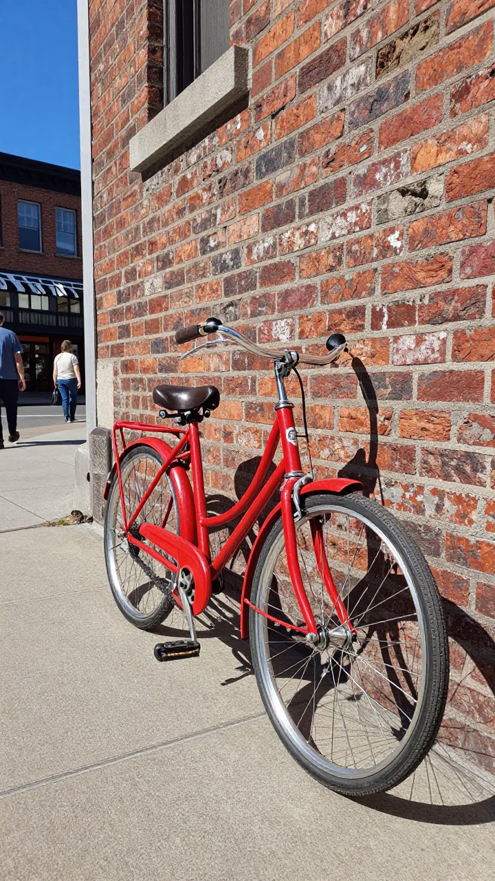 Vintage Bicycle Leaning Against Brick Wall in Bright Montreal Midmorning Light in in Montreal, Quebec, Canada