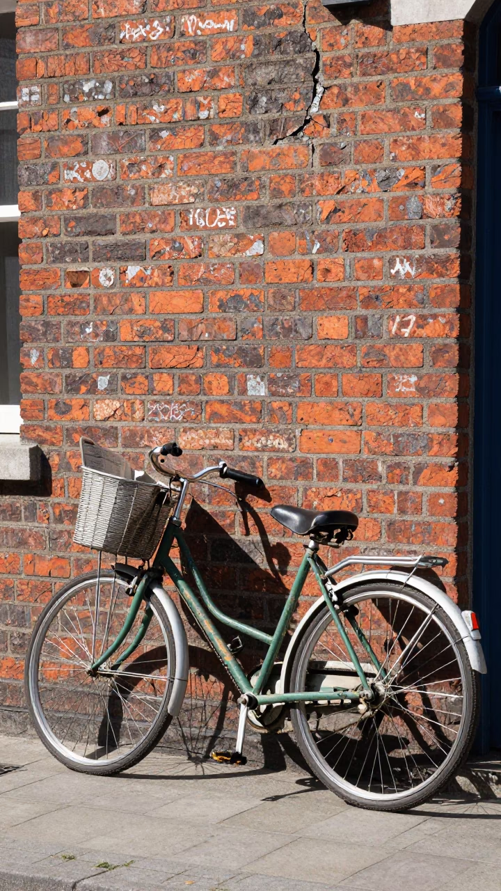 Vintage Bicycle Leaning Against Brick Wall in Dublin Ireland Noon Street Scene in in Dublin, Ireland