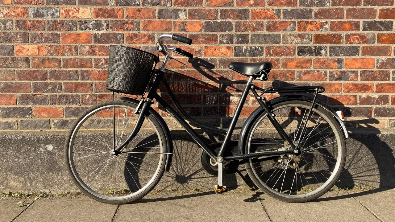 Vintage Bicycle Leaning Against Brick Wall in Early Afternoon Berlin Street Scene in in Berlin, Germany