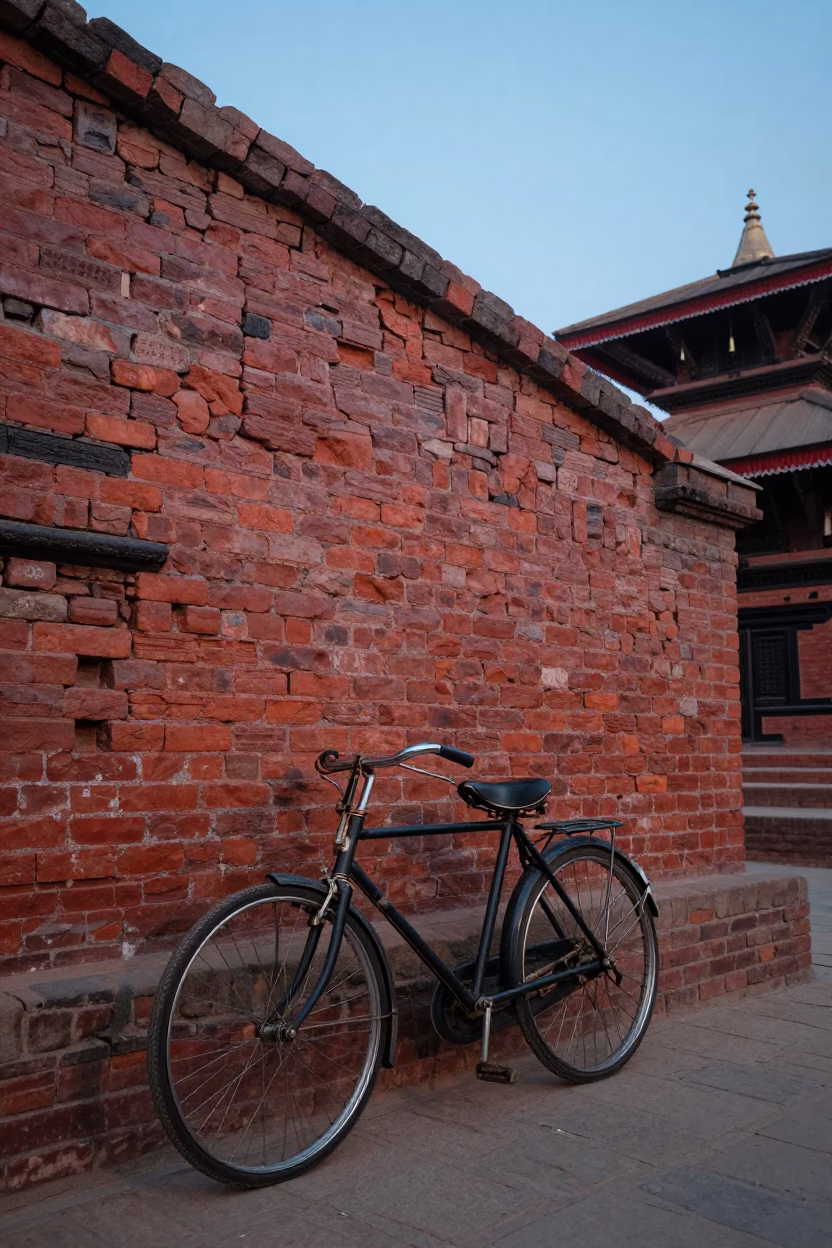 Vintage Bicycle Leaning Against Brick Wall in Kathmandu Nepal at Nautical Dawn in in Kathmandu, Nepal