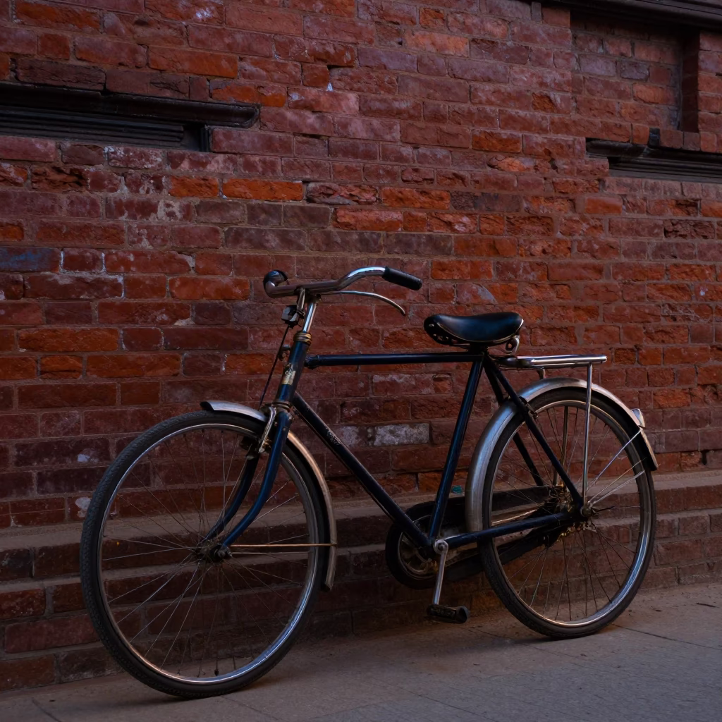 Vintage Bicycle Leaning Against Brick Wall in Kathmandu Nepal Before Dawn Light in in Kathmandu, Nepal