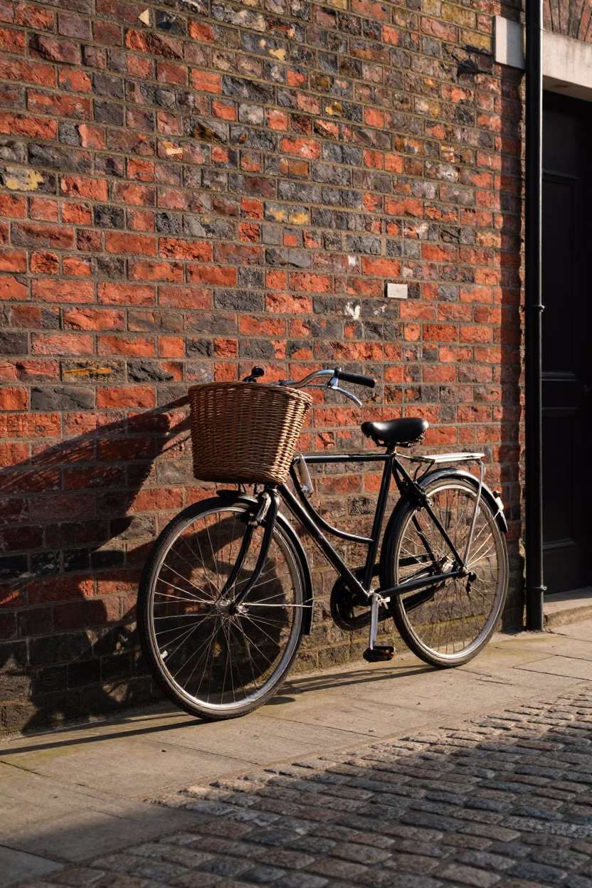Vintage Bicycle Leaning Against Brick Wall in London Just After Sunrise in in London, United Kingdom