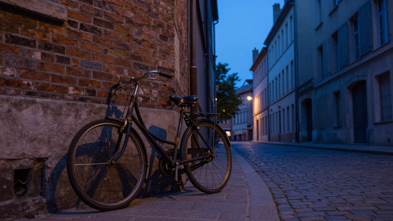 Vintage Bicycle Leaning Against Brick Wall in Lyon Twilight Street Scene in in Lyon, France