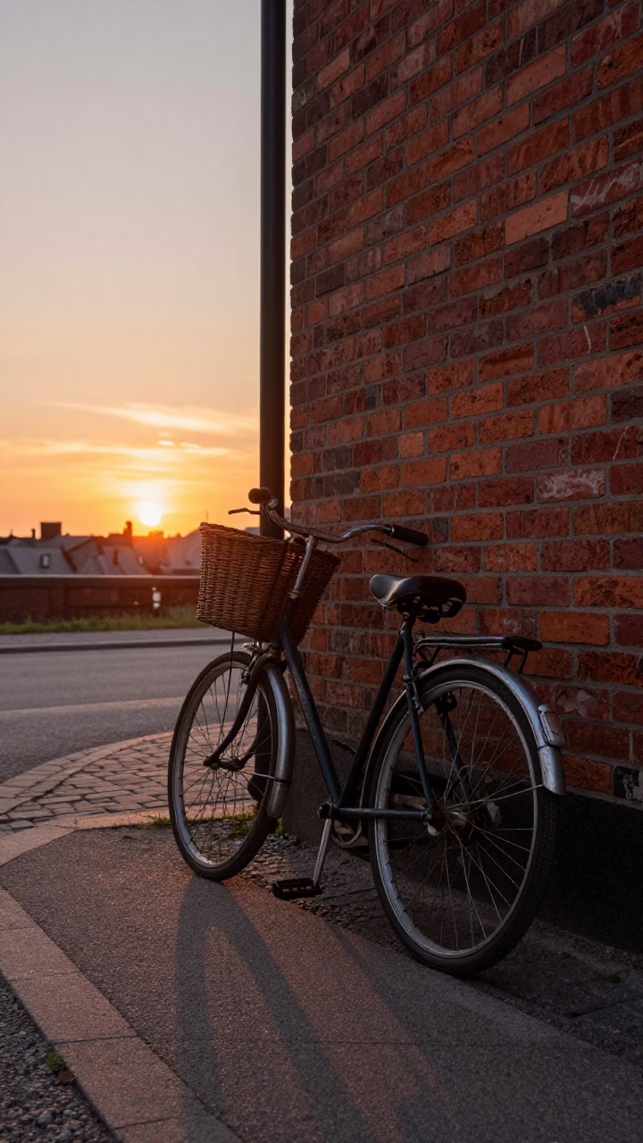 Vintage Bicycle Leaning Against Brick Wall in Stockholm Sweden Sunset Street Scene in in Stockholm, Sweden