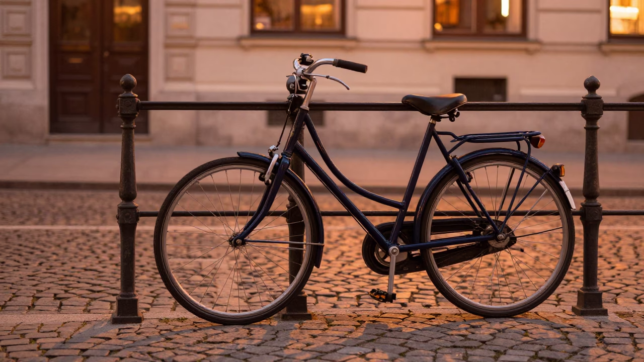 Vintage Bicycle Leaning Against Cobblestone Cafe in Vienna Austria During Golden Hour Twilight in in Vienna, Austria
