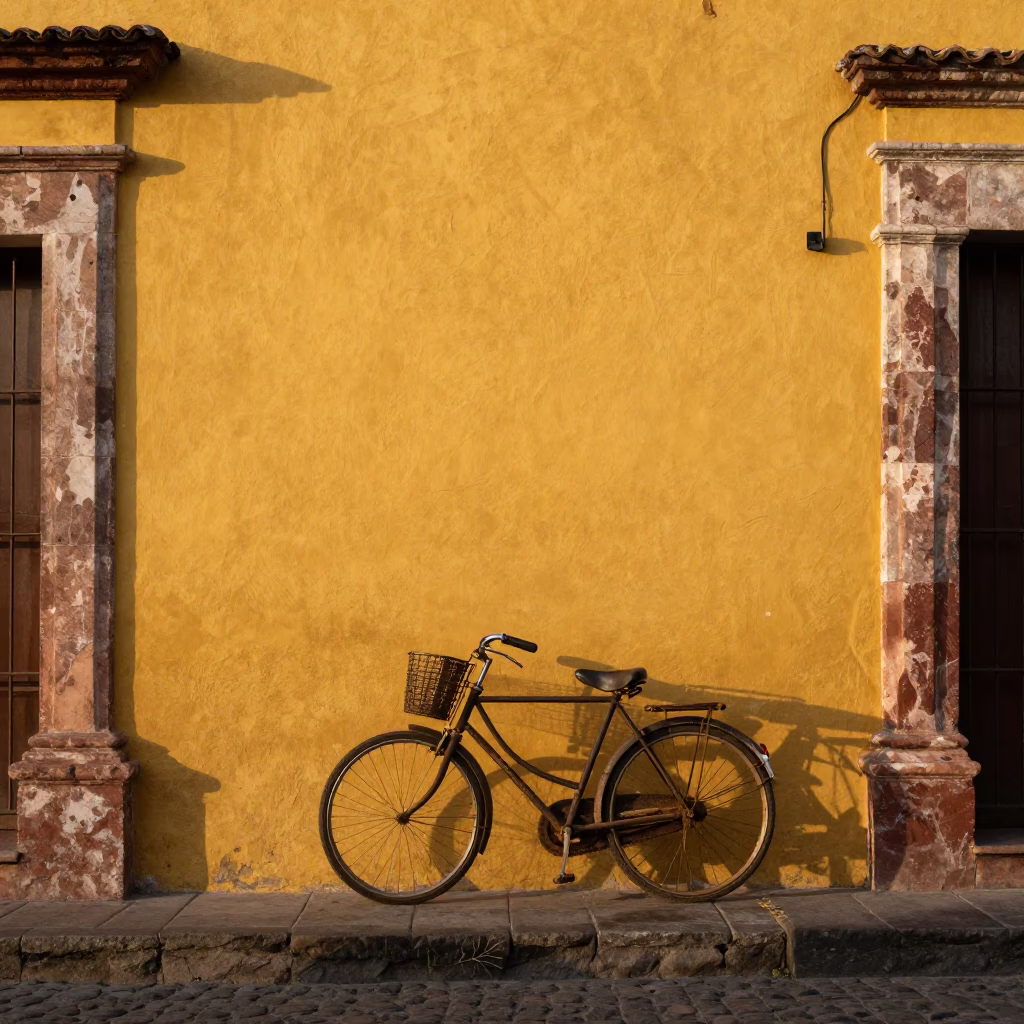 Vintage Bicycle Leaning Against Colonial Wall in Merida Mexico at Dawn in in Merida, Mexico