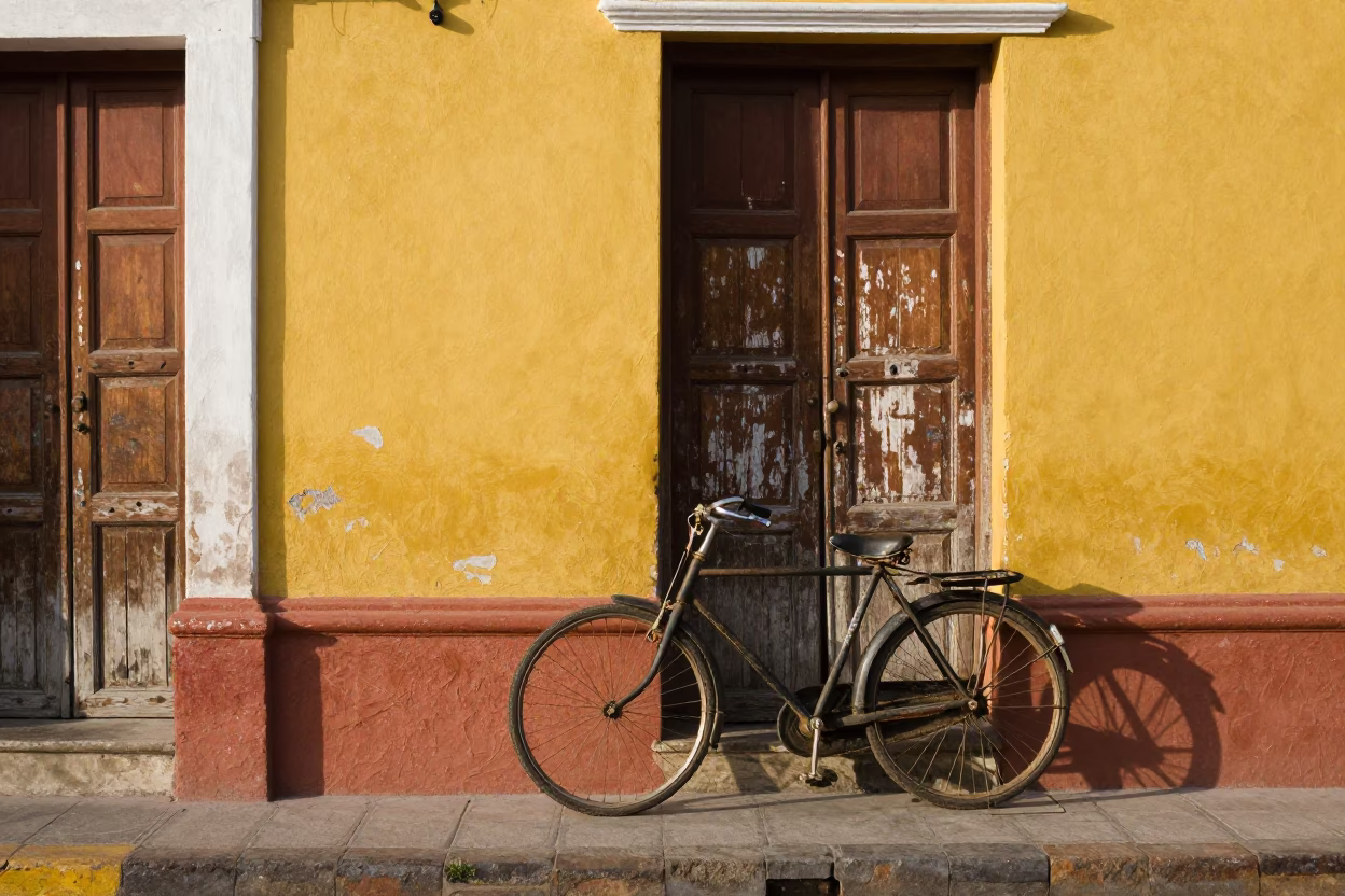 Vintage Bicycle Leaning Against Colorful Colonial Wall in Late Morning Lima Peru in in Lima, Peru